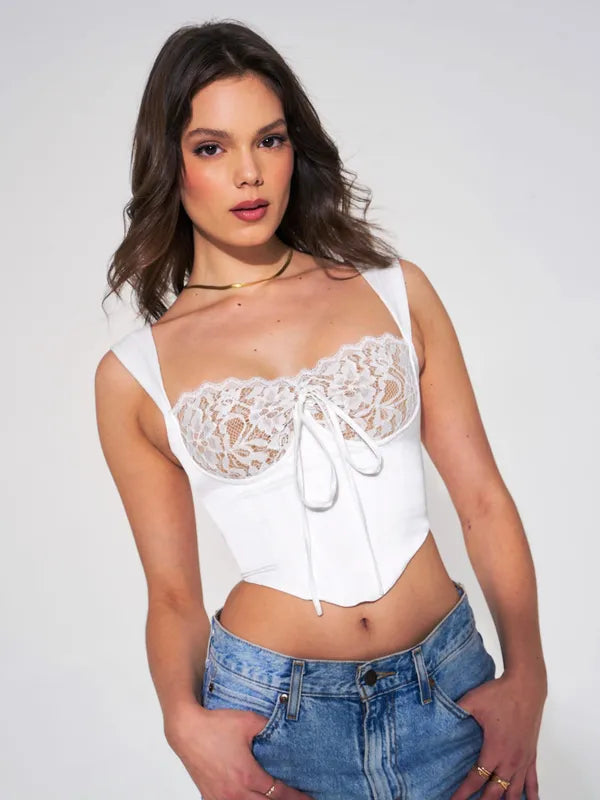 White Stylish Corset Sleeveless Net Top For Women